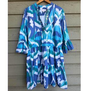 Sheridan French Blue Ikat Tiered Dress Sz M